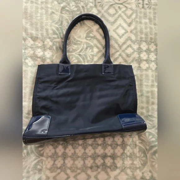 Tory Burch Ella Navy Blue Nylon Shine Tote Bag - Picture 2 of 5